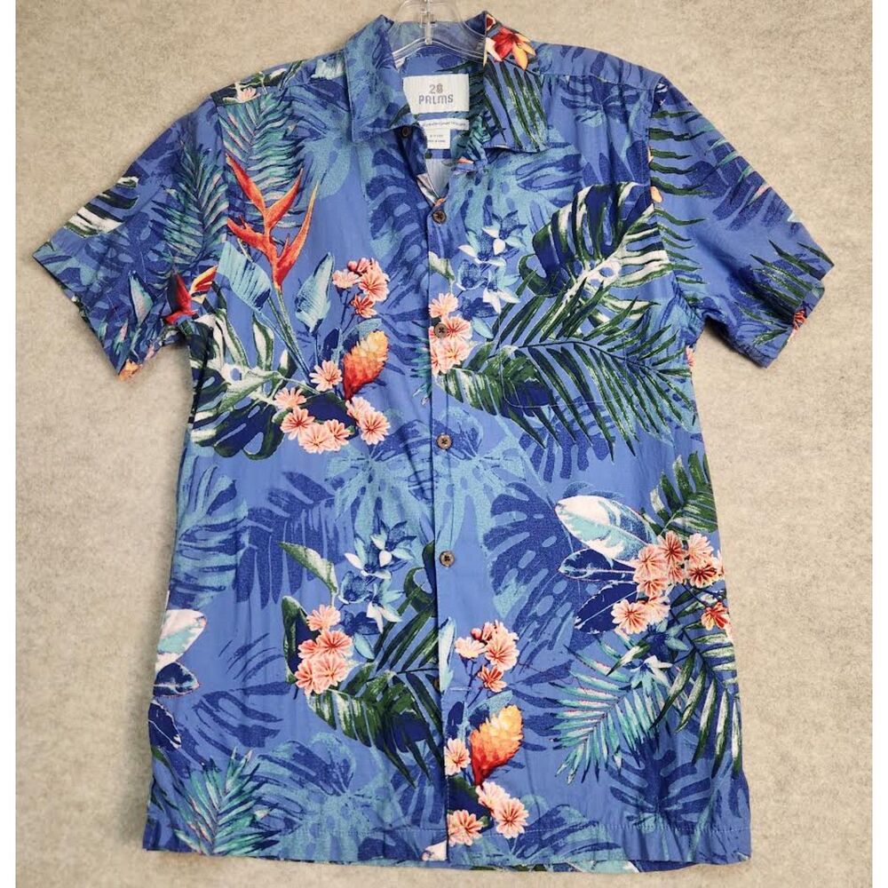 28 Palms Men's Monstera Camp Hawaiian Blue Shirt Size Small